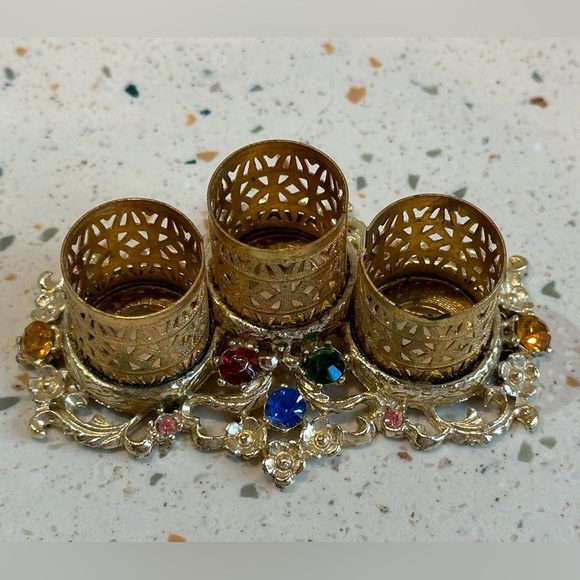 Vintage Gold Metal with Crystals‎ Trio Lipstick Holder or Brush Holder - Picture 12 of 13
